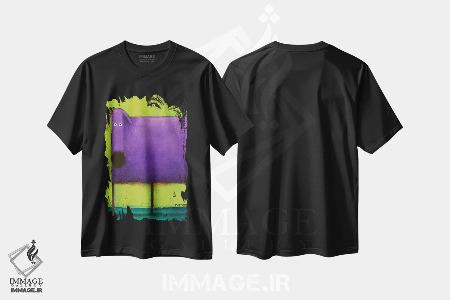 تیشرت مشکی طرح دار سگ بنفش یک، هنر فاخر معاصر اثر دنیل پاتریک کس لر | immage.ir