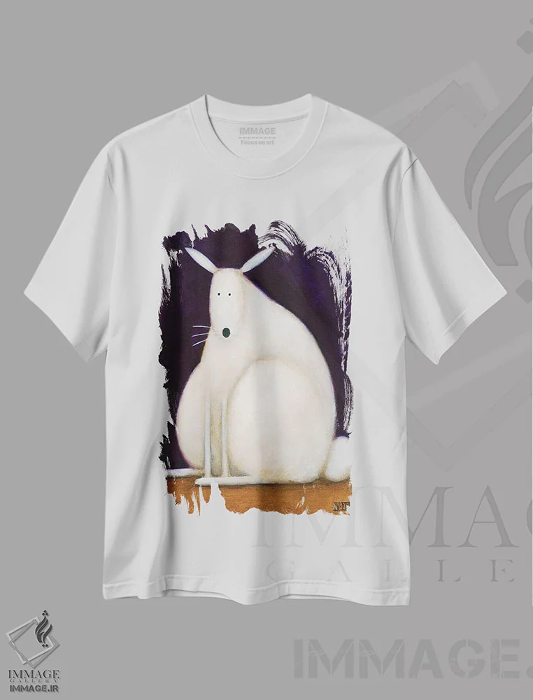 تیشرت سفید طرح دار خرگوش، هنر فاخر معاصر اثر دنیل پاتریک کس لر | immage.ir