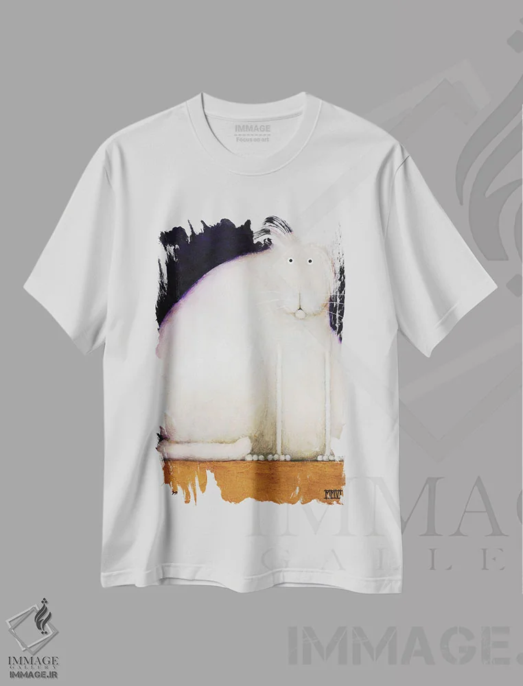 تیشرت سفید طرح دار گربه چاق، هنر فاخر معاصر اثر دنیل پاتریک کس لر | immage.ir