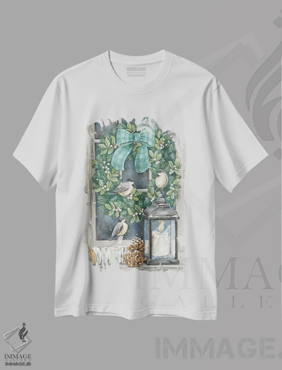 تیشرت سفید طرح دار حلقه گل زمستانی، دکور تعطیلات اثر دایان کاتر | فروشگاه ایماژ