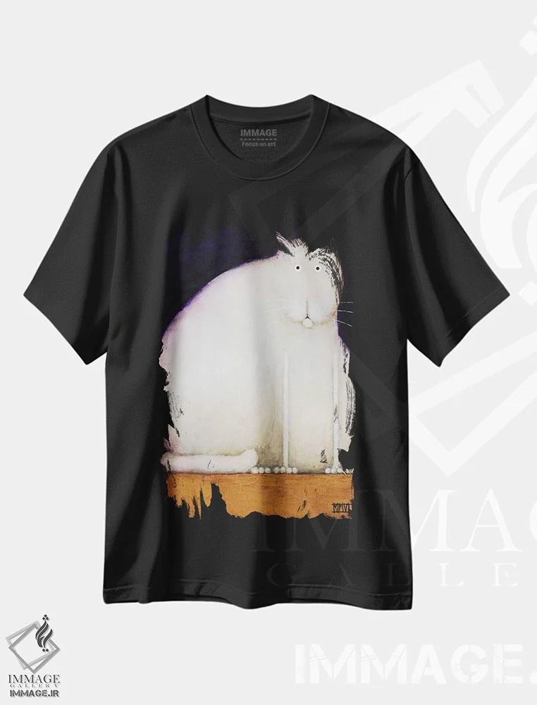 تیشرت مشکی طرح دار گربه چاق، هنر فاخر معاصر اثر دنیل پاتریک کس لر | فروشگاه ایماژ