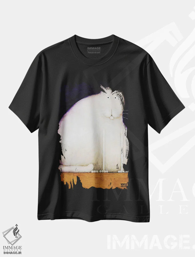 تیشرت مشکی طرح دار گربه چاق، هنر فاخر معاصر اثر دنیل پاتریک کس لر | فروشگاه ایماژ