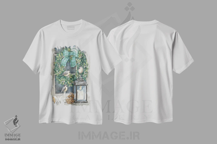 تیشرت سفید طرح دار حلقه گل زمستانی، دکور تعطیلات اثر دایان کاتر | فروشگاه ایماژ