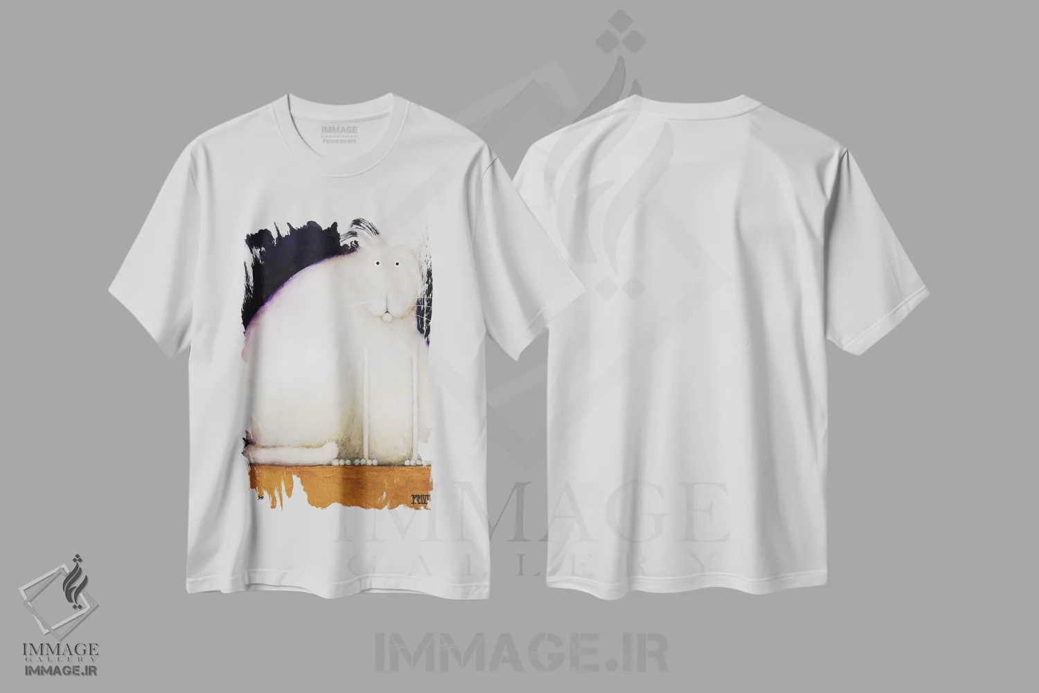 تیشرت سفید طرح دار گربه چاق، هنر فاخر معاصر اثر دنیل پاتریک کس لر | immage.ir