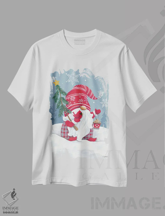 تیشرت سفید طرح دار کوتوله برفی با پرنده کاردینال، دکور تعطیلات اثر دایان کاتر | فروشگاه ایماژ