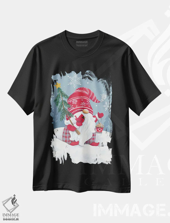 تیشرت مشکی طرح دار کوتوله برفی با پرنده کاردینال، دکور تعطیلات اثر دایان کاتر | immage.ir