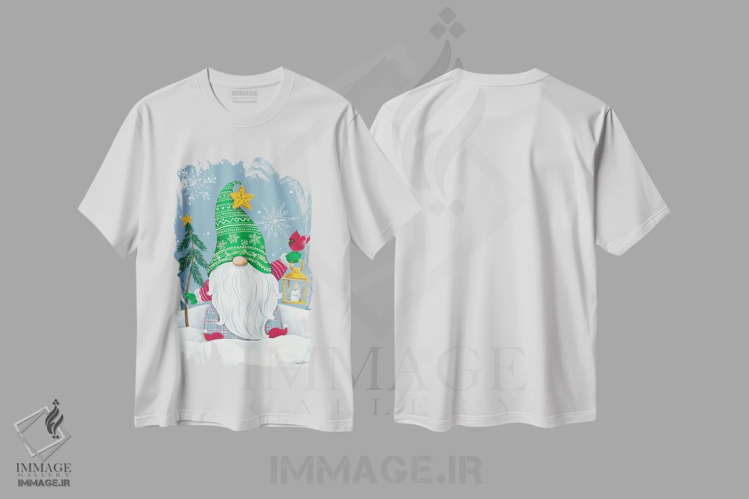 تیشرت سفید طرح دار کوتوله برفی با فانوس، دکور تعطیلات اثر دایان کاتر | immage.ir