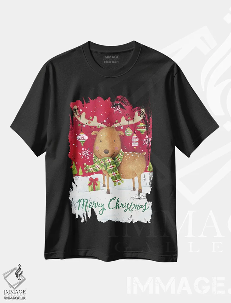 تیشرت مشکی طرح دار کریسمس مبارک؛ گوزن شمالی، حیوانات کریسمسی اثر دایان کاتر | immage.ir