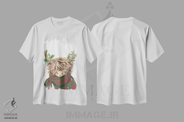 تیشرت سفید طرح دار گاو کوهستانی کریسمسی، حیوانات کریسمسی اثر دایان کاتر | immage.ir
