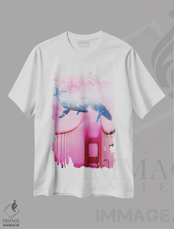 تیشرت سفید طرح دار موسیقی نهنگ در کنار پل، عکاسی ترکیبی اثر دیوید لوبلاو | فروشگاه ایماژ