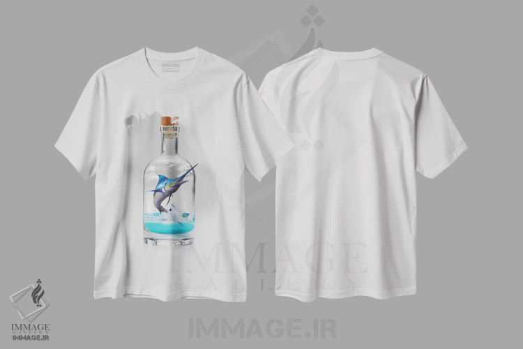 تیشرت سفید طرح دار ماهی بادبانی درون بطری، هنر دیجیتال اثر دیوید لوبلاو | فروشگاه ایماژ