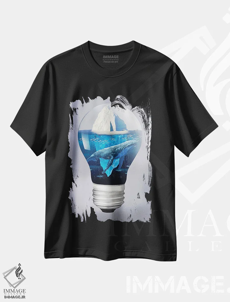 تیشرت مشکی طرح دار نهنگ و کوه یخ در نور، هنر فاخر معاصر اثر دیوید لوبلاو | immage.ir