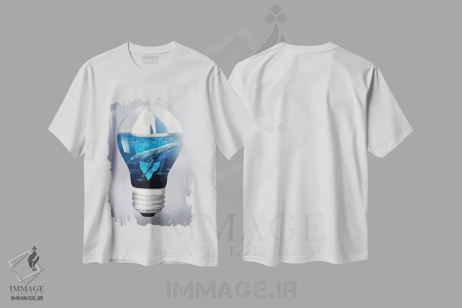 تیشرت سفید طرح دار نهنگ و کوه یخ در نور، هنر فاخر معاصر اثر دیوید لوبلاو | فروشگاه ایماژ