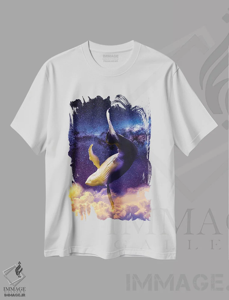 تیشرت سفید طرح دار نهنگ خیالی، هنر فاخر معاصر اثر دیوید لوبلاو | فروشگاه ایماژ