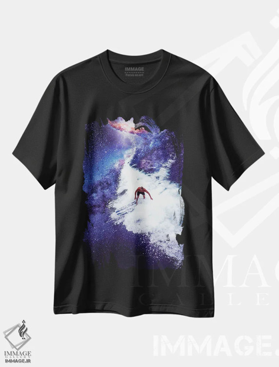 تیشرت مشکی طرح دار موج سوار کهکشانی، هنر فاخر معاصر اثر دیوید لوبلاو | فروشگاه ایماژ