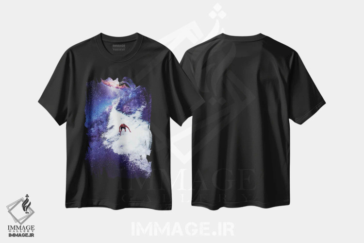 تیشرت مشکی طرح دار موج سوار کهکشانی، هنر فاخر معاصر اثر دیوید لوبلاو | فروشگاه ایماژ