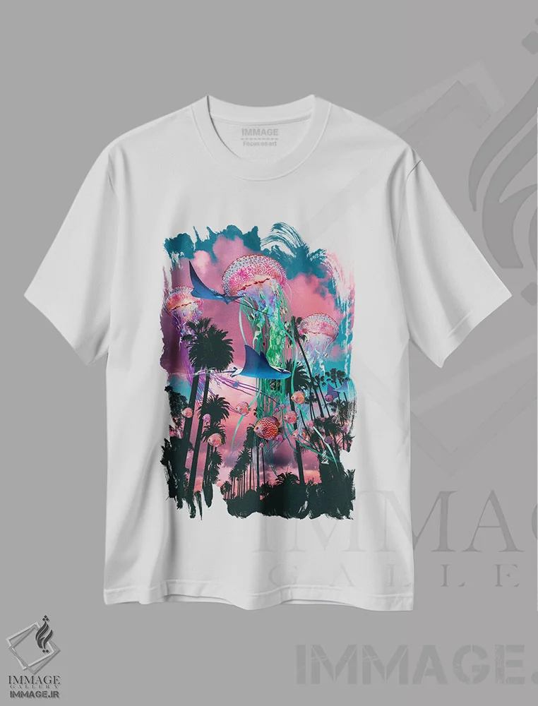 تیشرت سفید طرح دار رویاپردازی کالیفرنیا، هنر دیجیتال اثر دیوید لوبلاو | فروشگاه ایماژ