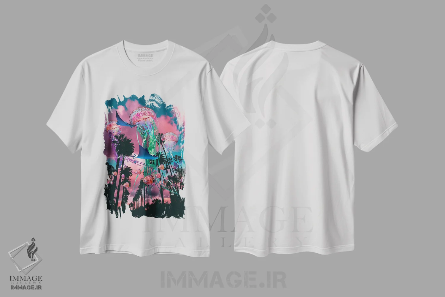 تیشرت سفید طرح دار رویاپردازی کالیفرنیا، هنر دیجیتال اثر دیوید لوبلاو | فروشگاه ایماژ