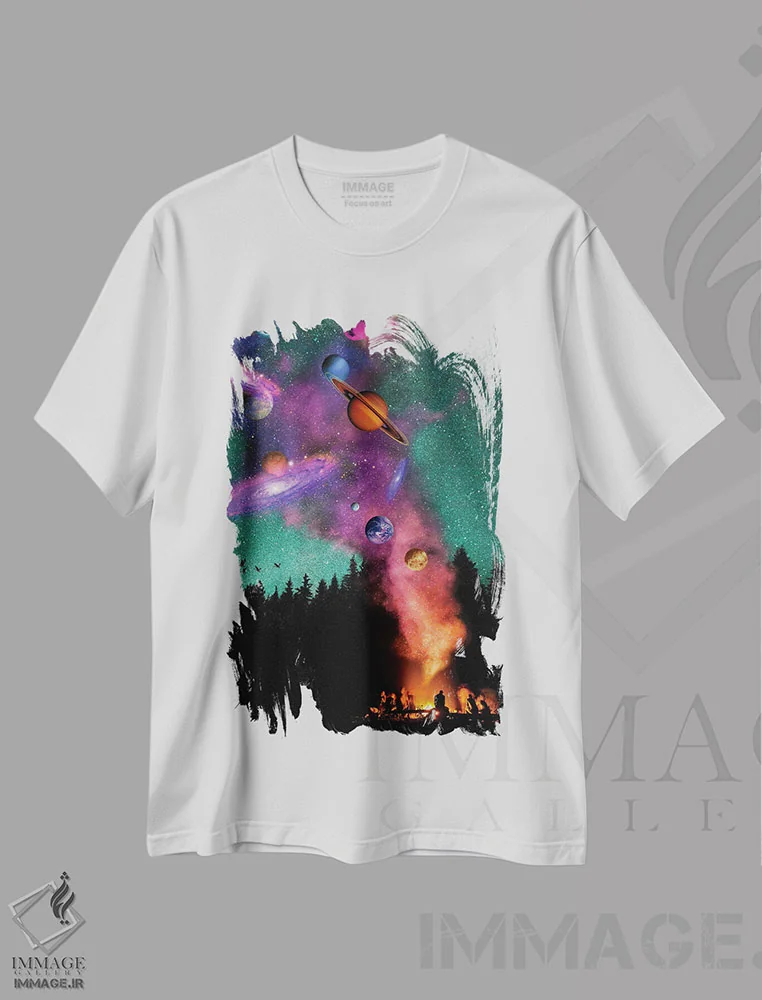 تیشرت سفید طرح دار جهان کنار آتش اردو، هنر دیجیتال اثر دیوید لوبلاو | immage.ir