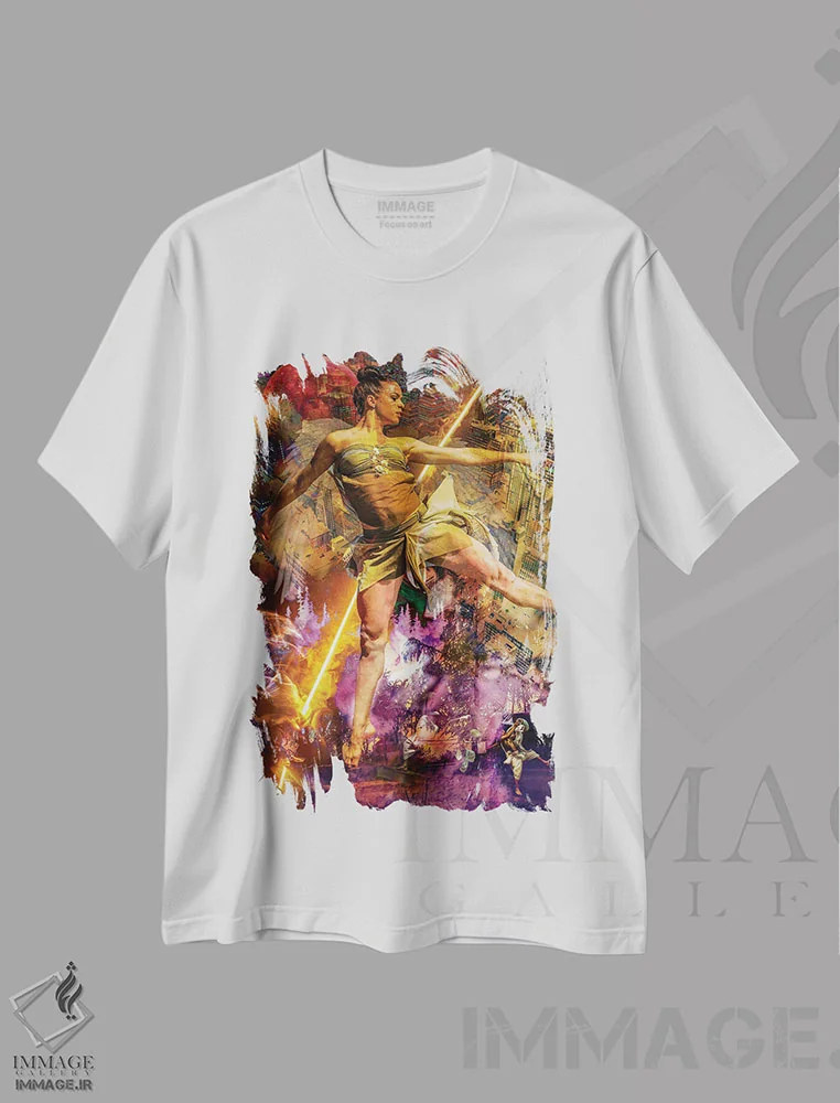 تیشرت سفید طرح دار رقص طلایی آتش، هنر دیجیتال اثر دیوید لوبلاو | immage.ir