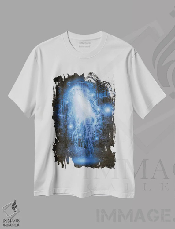 تیشرت سفید طرح دار جنگل عروس های دریایی آبی، هنر دیجیتال اثر دیوید لوبلاو | فروشگاه ایماژ