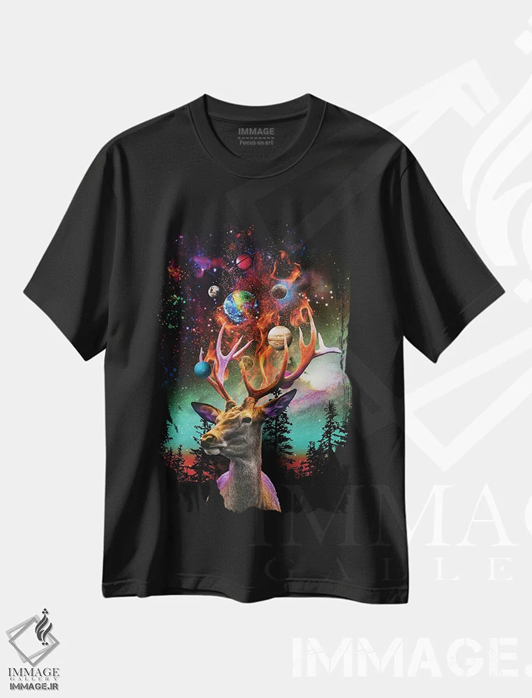 تیشرت مشکی طرح دار گوزن سیاره ای، هنر دیجیتال اثر دیوید لوبلاو | immage.ir