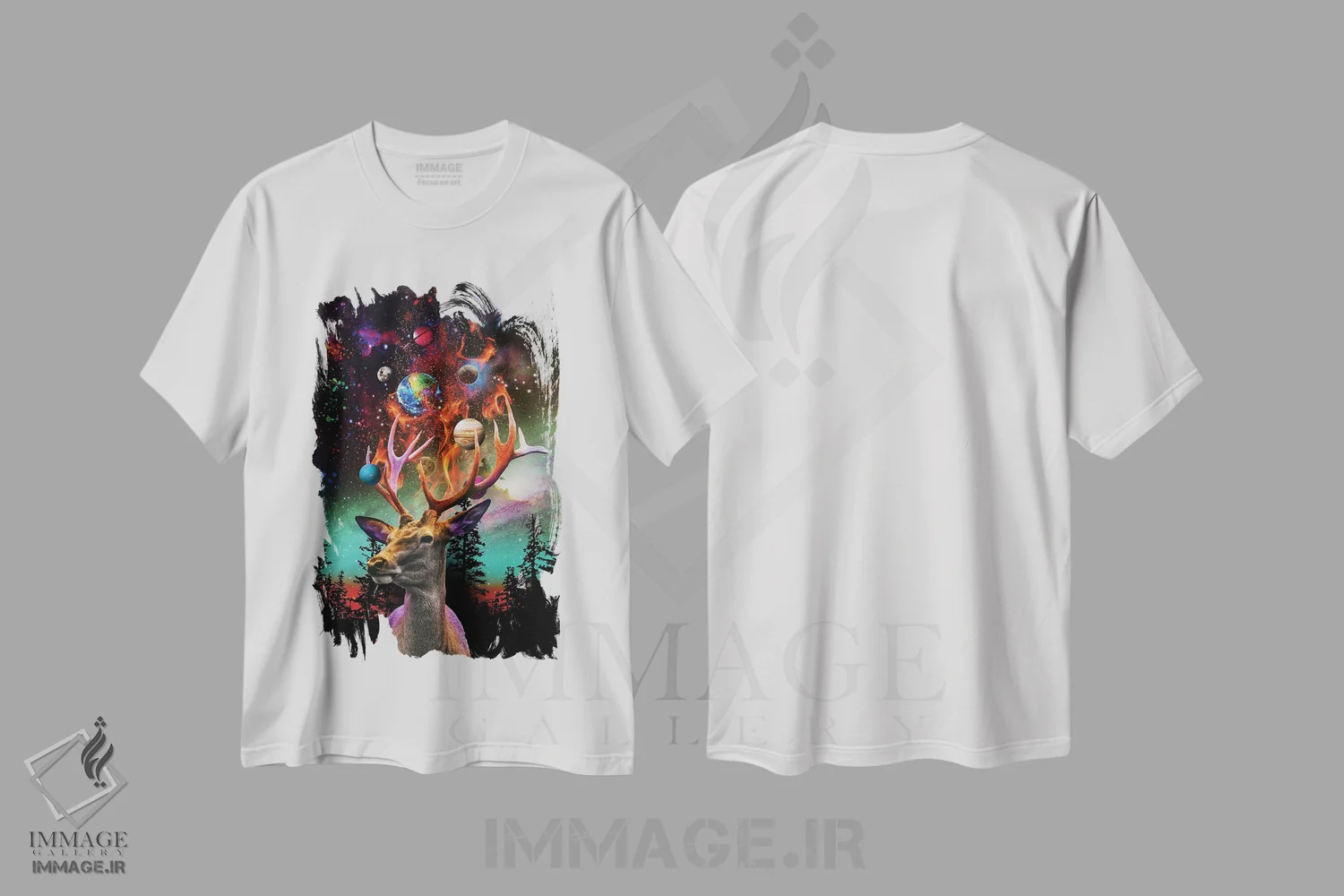 تیشرت سفید طرح دار گوزن سیاره ای، هنر دیجیتال اثر دیوید لوبلاو | فروشگاه ایماژ