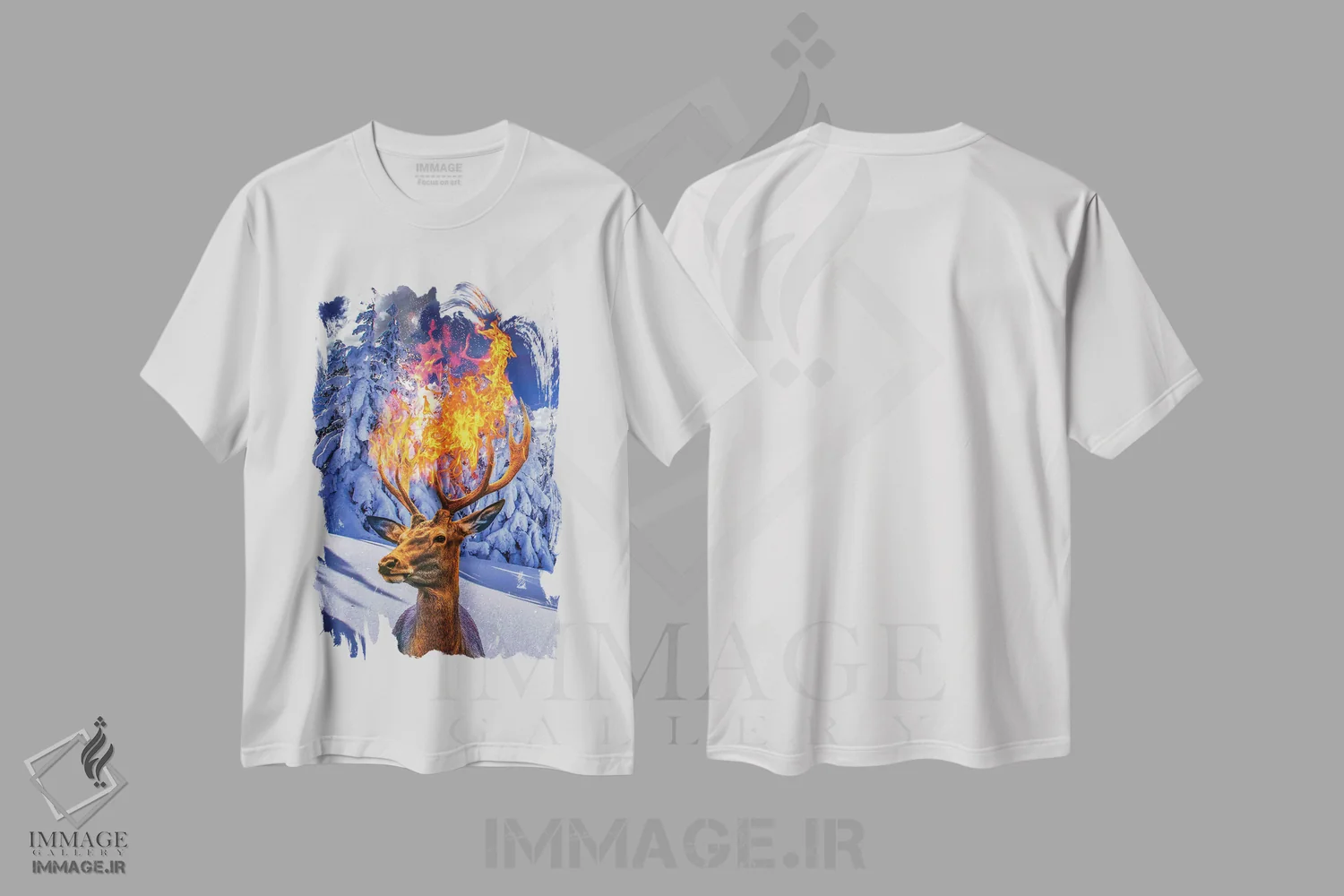 تیشرت سفید طرح دار گوزن آتشین در زمستان، هنر دیجیتال اثر دیوید لوبلاو | immage.ir