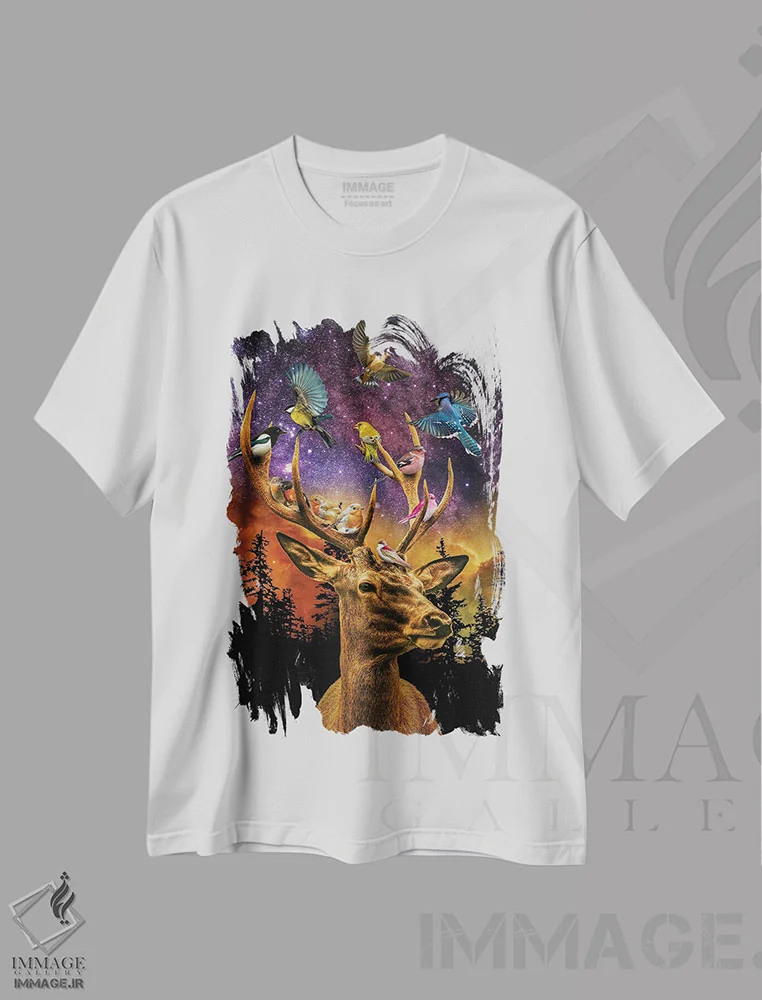 تیشرت سفید طرح دار دوستان پرندهٔ من، هنر دیجیتال اثر دیوید لوبلاو | فروشگاه ایماژ