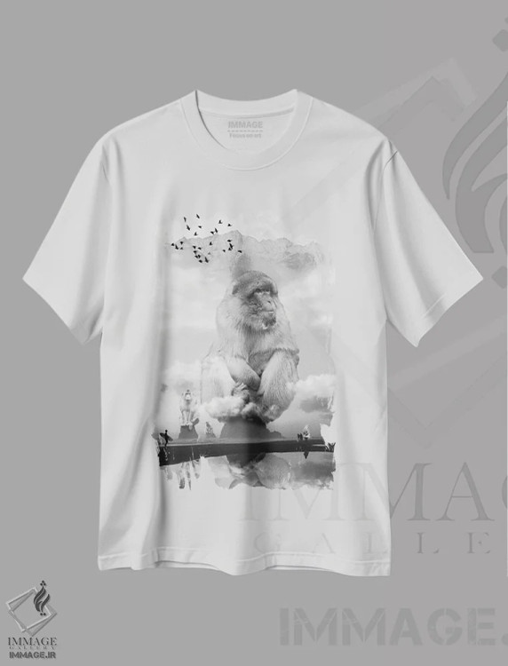 تیشرت سفید طرح دار میمون دریایی، میمون کار می کند، هنر دیجیتال سیاه و سفید اثر دیوید لوبلاو | فروشگاه ایماژ