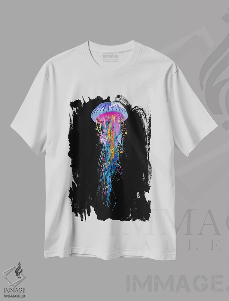تیشرت سفید طرح دار دو عروس دریایی آبی، هنر دیجیتال اثر دیوید لوبلاو | immage.ir