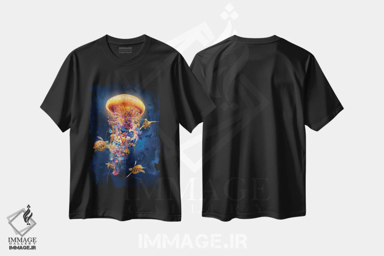 تیشرت مشکی طرح دار عروس دریایی با ماهی های استوایی، هنر فاخر معاصر اثر دیوید لوبلاو | فروشگاه ایماژ