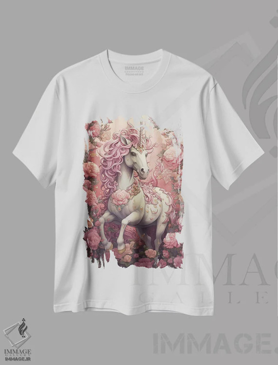 تیشرت سفید طرح دار تک شاخ صورتی، تزئینی اثر دیوید لوبلاو | فروشگاه ایماژ