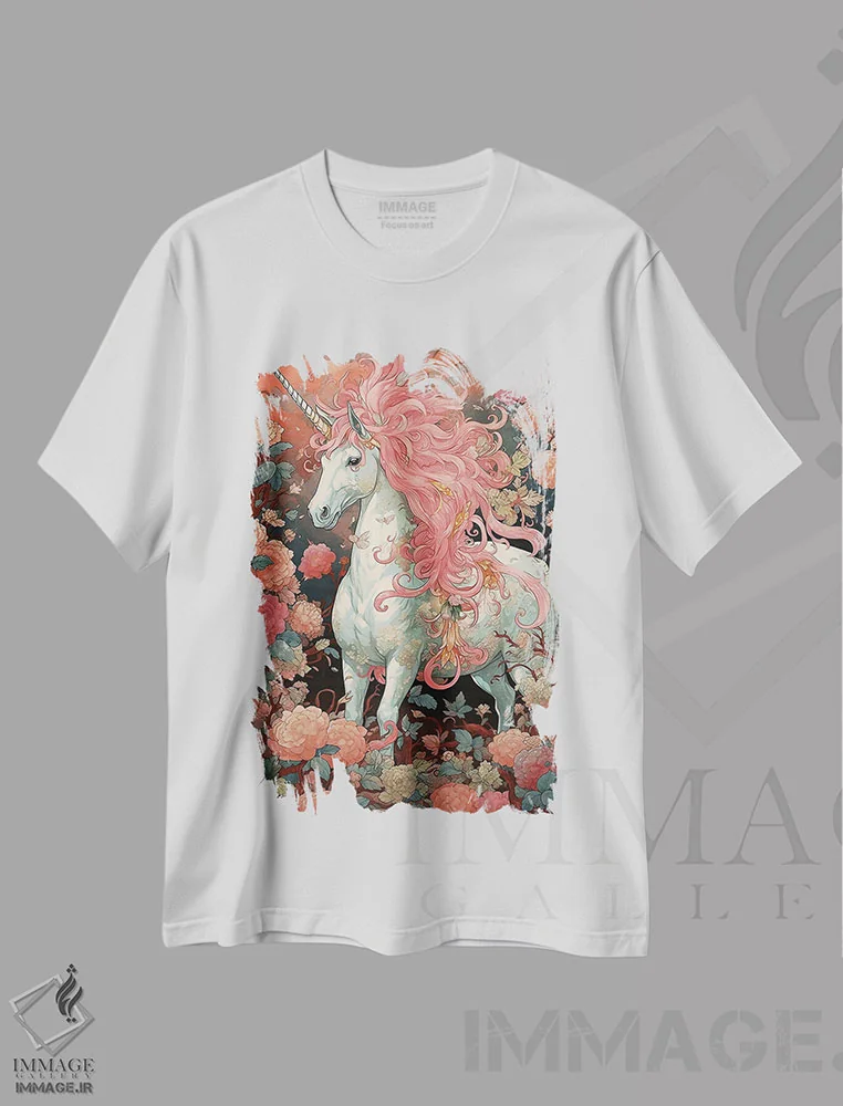 تیشرت سفید طرح دار تک شاخ صورتی با گل ها، تزئینی اثر دیوید لوبلاو | فروشگاه ایماژ