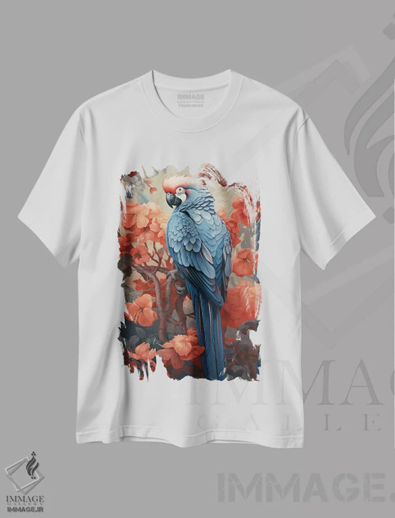تیشرت سفید طرح دار طوطی با گل ها، هنر دیجیتال اثر دیوید لوبلاو | immage.ir