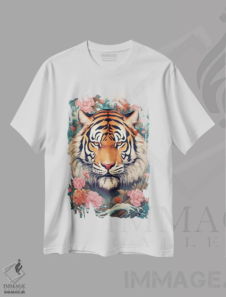 تیشرت سفید طرح دار ببر بنگال با گل ها، هنر دیجیتال اثر دیوید لوبلاو | فروشگاه ایماژ