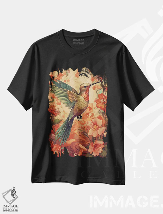 تیشرت مشکی طرح دار مرغ مگس خوار با گل های قرمز، هنر دیجیتال اثر دیوید لوبلاو | فروشگاه ایماژ