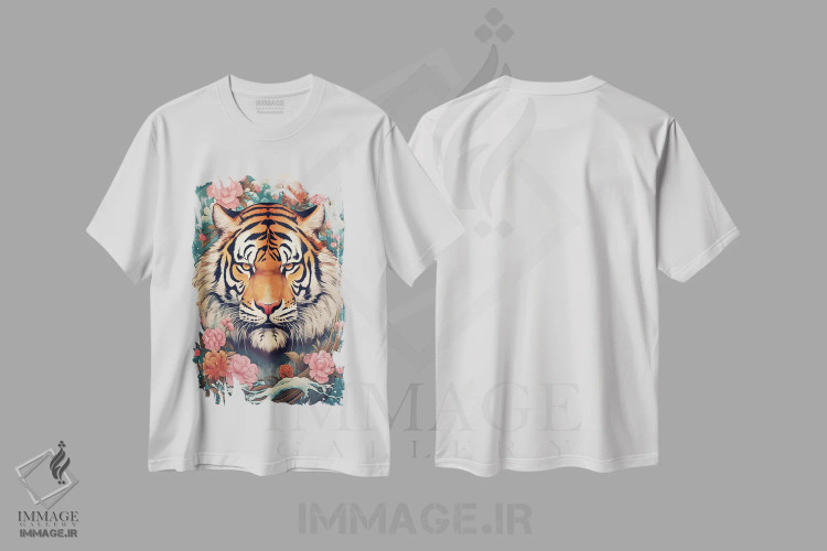 تیشرت سفید طرح دار ببر بنگال با گل ها، هنر دیجیتال اثر دیوید لوبلاو | فروشگاه ایماژ