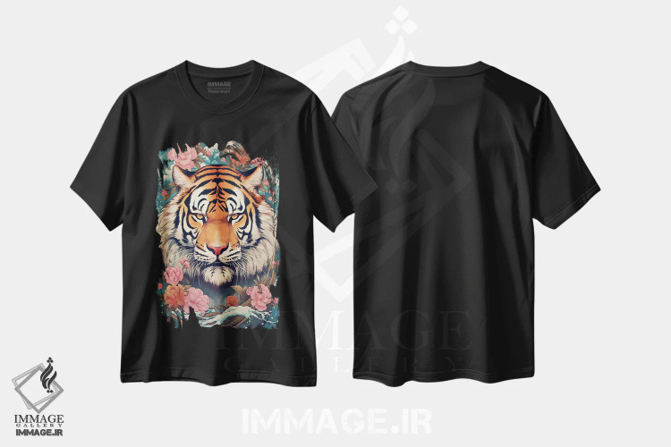 تیشرت مشکی طرح دار ببر بنگال با گل ها، هنر دیجیتال اثر دیوید لوبلاو | immage.ir