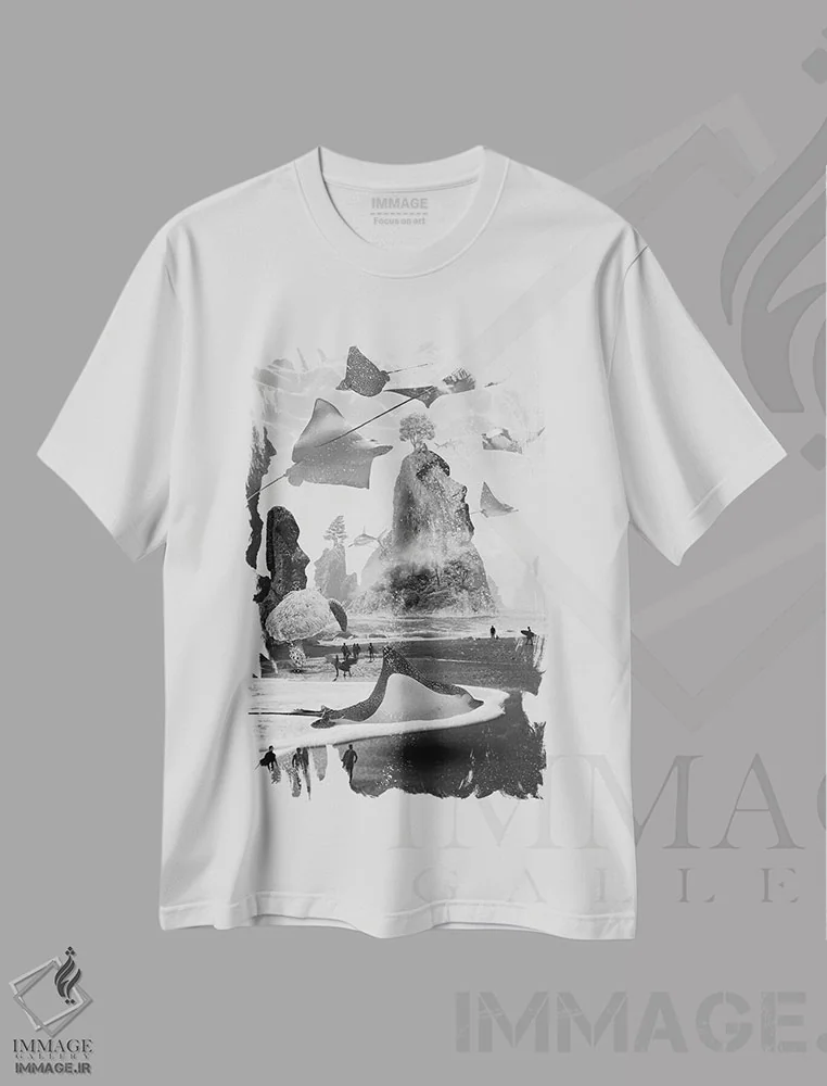 تیشرت سفید طرح دار گم شده در جزیره موج سواری، هنر دیجیتال سیاه و سفید اثر دیوید لوبلاو | immage.ir