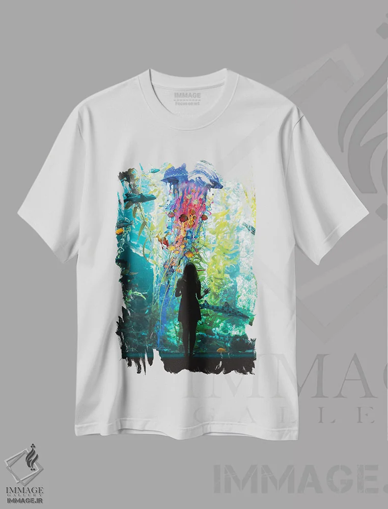 تیشرت سفید طرح دار جهان عروس دریایی برقی یک آکواریوم است، هنر دیجیتال اثر دیوید لوبلاو | فروشگاه ایماژ