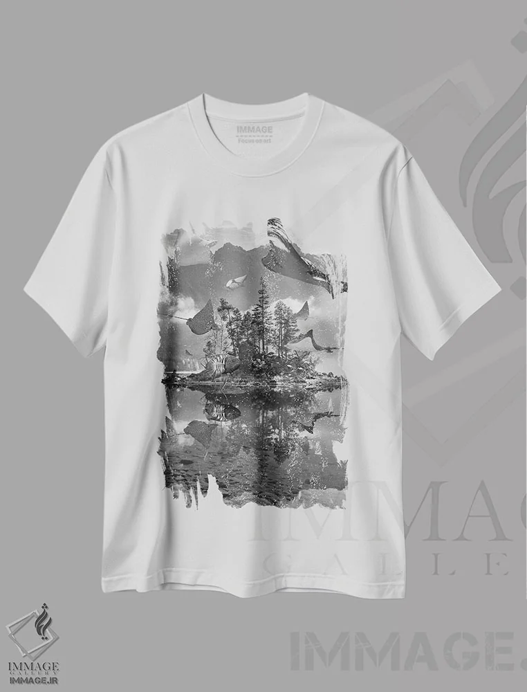 تیشرت سفید طرح دار دریاچهٔ رایز، هنر دیجیتال سیاه و سفید اثر دیوید لوبلاو | فروشگاه ایماژ