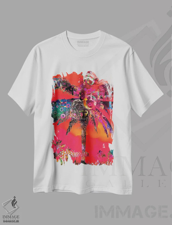 تیشرت سفید طرح دار نخل قرمز با نوشته، تزئینی اثر دیوید لوبلاو | فروشگاه ایماژ
