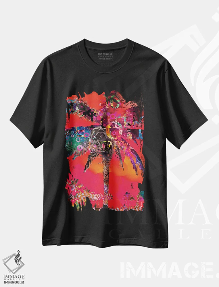 تیشرت مشکی طرح دار نخل قرمز با نوشته، تزئینی اثر دیوید لوبلاو | immage.ir