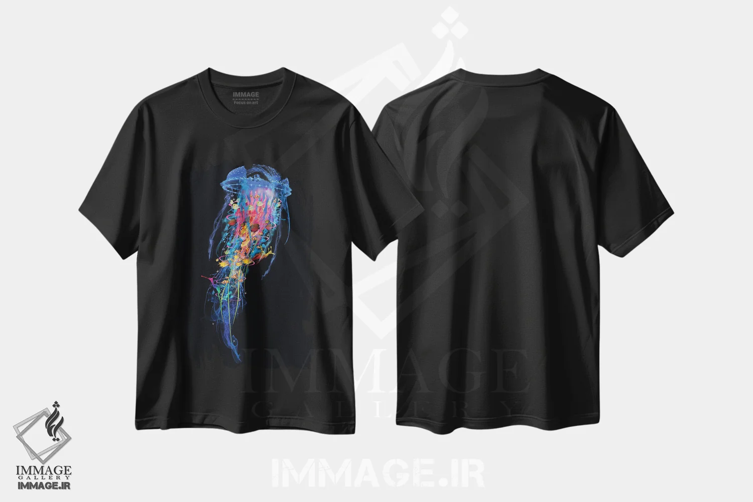 تیشرت مشکی طرح دار عروس دریایی برقی آبی، هنر دیجیتال اثر دیوید لوبلاو | فروشگاه ایماژ