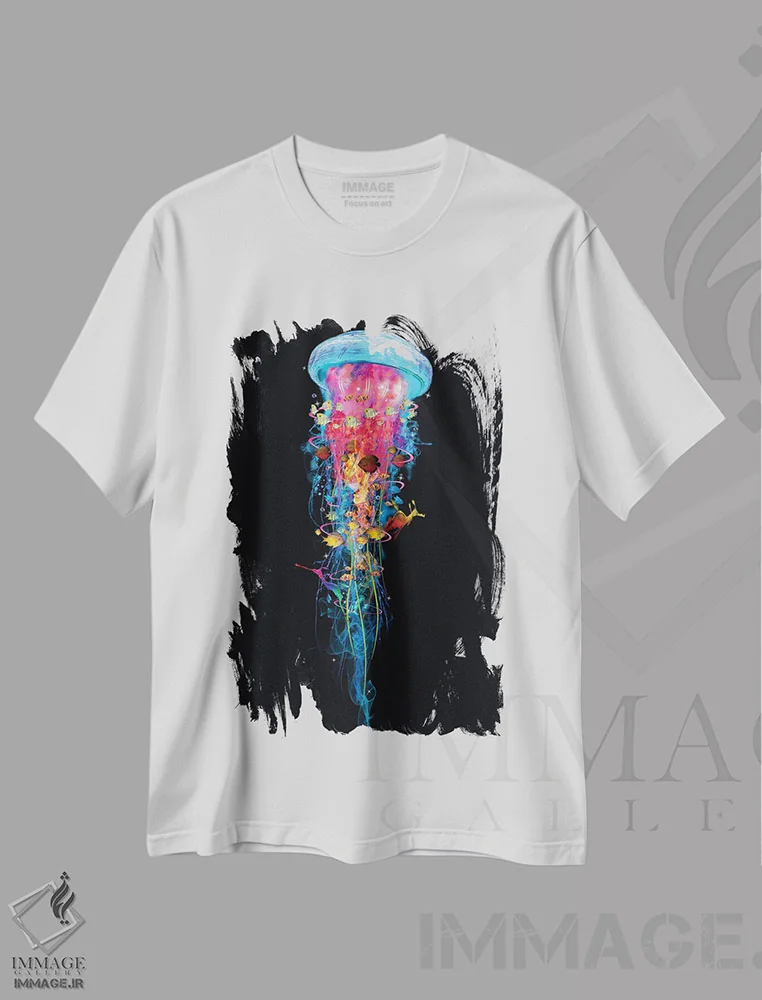 تیشرت سفید طرح دار دنیای عروس دریایی برقی فوق العاده، هنر دیجیتال اثر دیوید لوبلاو | فروشگاه ایماژ
