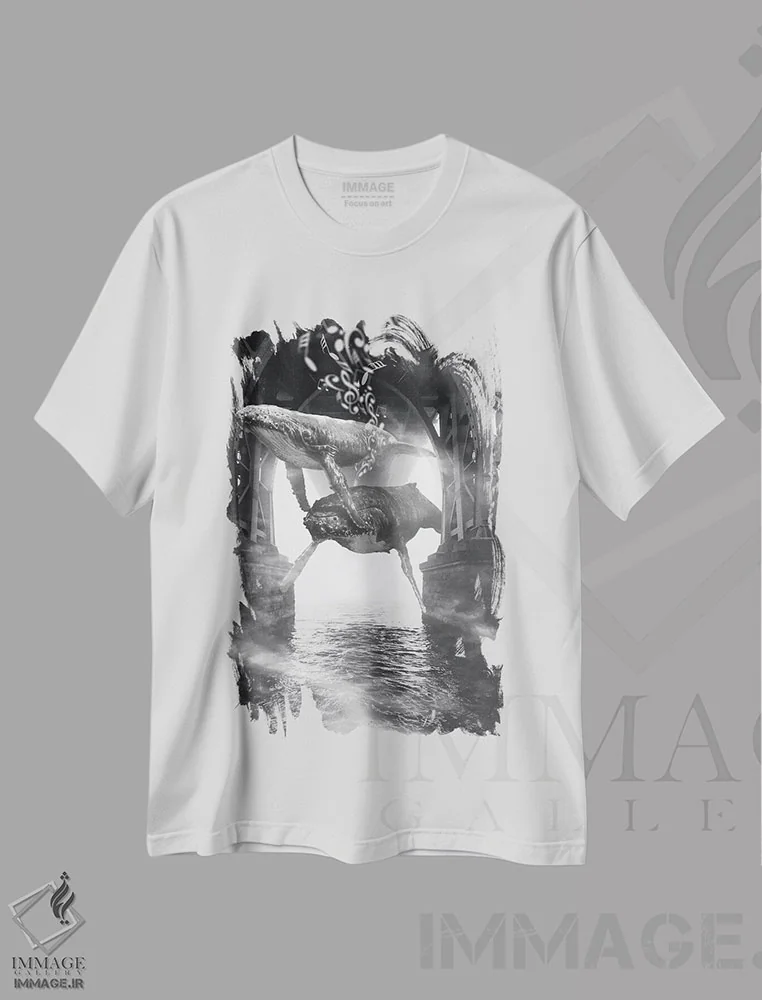 تیشرت سفید طرح دار موسیقی نهنگ های قایم باشک، هنر دیجیتال سیاه و سفید اثر دیوید لوبلاو | فروشگاه ایماژ