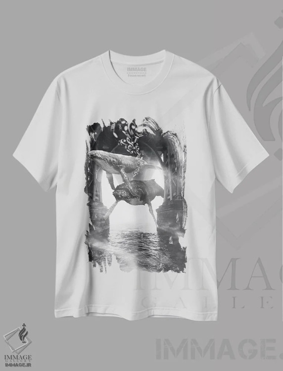 تیشرت سفید طرح دار موسیقی نهنگ های قایم باشک، هنر دیجیتال سیاه و سفید اثر دیوید لوبلاو | فروشگاه ایماژ