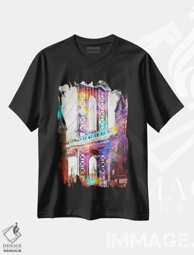 تیشرت مشکی طرح دار سفر در زمان روی پل بروکلین، هنر دیجیتال اثر دیوید لوبلاو | فروشگاه ایماژ