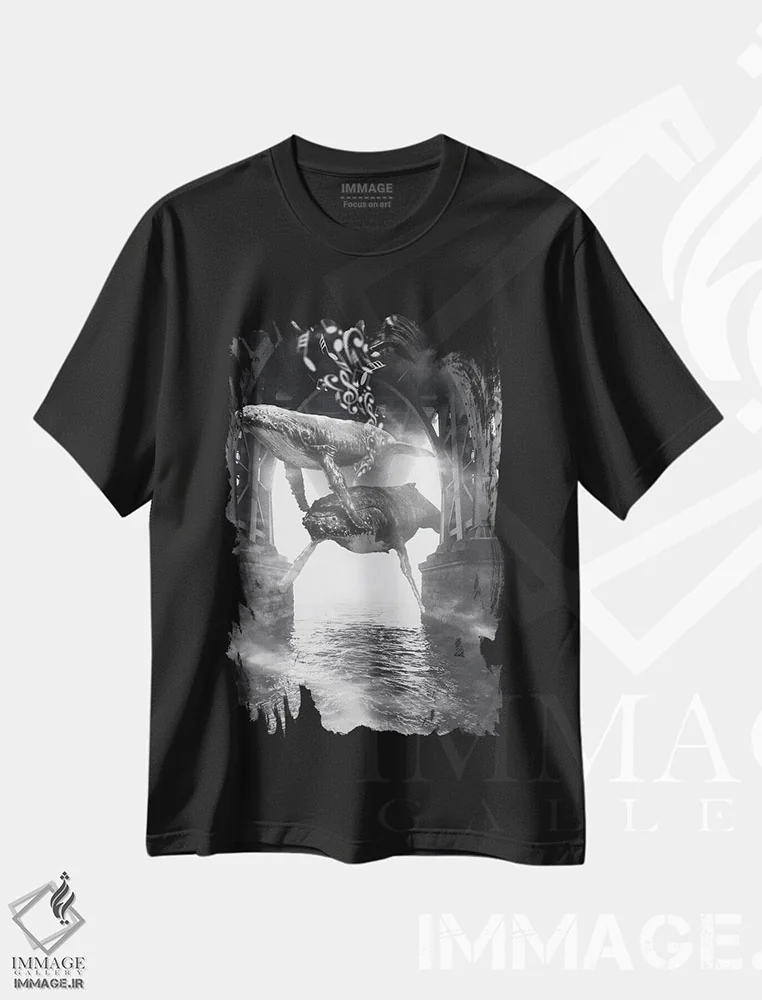 تیشرت مشکی طرح دار موسیقی نهنگ های قایم باشک، هنر دیجیتال سیاه و سفید اثر دیوید لوبلاو | immage.ir
